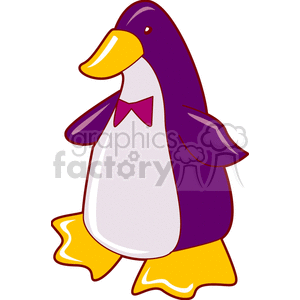 The image shows a colorful, stylized clipart of a single penguin. The penguin is predominantly purple with a white belly, an orange beak, and orange feet. There is a red bowtie around its neck.