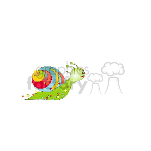   The clipart image depicts a colorful stylized snail. The snail has a spiral shell with various bright colors, such as red, yellow, and blue. Additionally, the snail