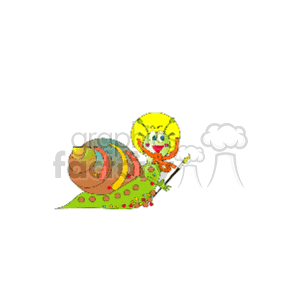   The image is a colorful cartoon clipart depicting a cheerful snail. This snail has a brown and orange shell with green and yellow patterns. The snail