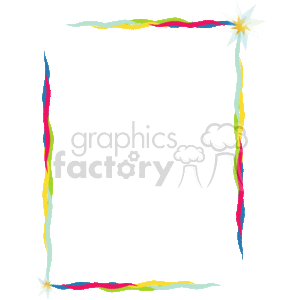 This image features a colorful border or frame that appears to be designed with a festive or celebratory theme. The border consists of wavy lines in multiple colors that suggest a sense of movement or energy. At two of the corners (top right and bottom left), there are starburst-like shapes, adding a sparkling effect to the design. The image could be used to frame text or images for invitations, flyers, or any creative project that needs a vibrant, decorative edge.