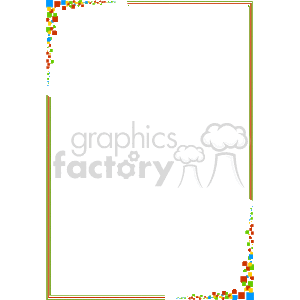 The clipart image is a decorative border or frame with a mostly white empty center space that could be used to overlay text or additional images. Around the edge of the border, there is a thin dual line of red and green, giving definition to the frame. At two corners (top left and bottom right), there is an abstract cascade of colorful shapes resembling confetti or party decorations, with colors like orange, yellow, blue, and green. The abstract shapes give the impression of a festive or celebratory theme, which might be fitting for a party invitation, a certificate, or an event announcement.