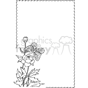 This clipart image is a decorative border that includes the illustration of a butterfly perched on a flower. There is a zigzag or scalloped line surrounding the border frame. The whole image is in black and white, suitable for coloring or as a template for design purposes. The central space within the border is blank, which can be used to add text, photographs, or other design elements.