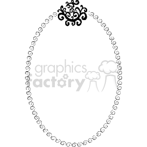 The image is an ornamental clipart frame. It is an oval-shaped border with intricate designs and decorations around its perimeter. At the top of the oval, there is a more complex, symmetrical flourish element, which seems to be a decorative crest or motif that could be associated with a classic or vintage style. The frame itself could be used for formal invitations, certificates, or as a decorative element in various design projects.