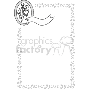 The clipart image contains a decorative border or frame typically associated with wedding themes. The border is adorned with a pattern of small, flower-like motifs creating a romantic feel. At the top left corner, there's an emblem featuring a couple, which enhances the wedding theme of the design. Additionally, to the right, there's a ribbon banner that's unfurling, which could be used to include names, a wedding date, or some other personalized text. The overall design is monochromatic, with the graphics in black and the background transparent.