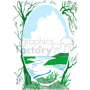 The clipart image depicts a stylized nature scene within an oval frame. The frame is formed by tree branches, which extend inward from the edges towards the center of the image. Inside the frame, there is a representation of a river or stream with flowing water, suggested by wavy lines. The riverbanks are adorned with grasses, and the background includes a large circular representation of the sky with clouds. Hills or mounds are visible on the horizon, emphasizing the natural landscape theme. The use of a limited color palette with shades of blue and green imparts a calm and serene atmosphere to the image.