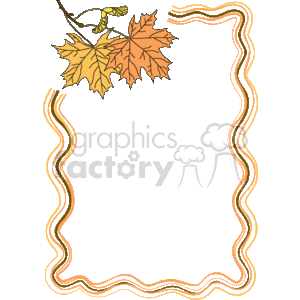 This clipart image features a decorative border or frame with a wavy design on both the left and right sides. In the upper left corner, there are illustrated autumn leaves in yellow and orange shades, with a branch and an acorn, adding a seasonal touch to the frame. The main background within the border, where text or additional images could be placed, is white.