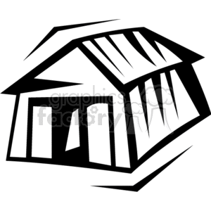 A black and white clipart image of a simple barn with a slanted roof and an open doorway.