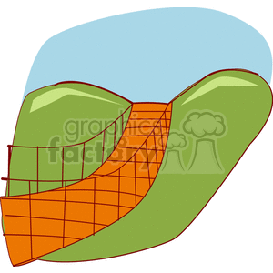 A clipart image depicting an abstract scene with green hills and a wooden bridge with ropes.