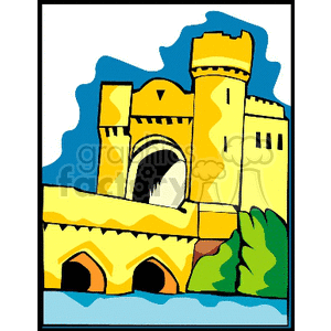 Colorful clipart image of a castle with a large tower and a bridge over water in a cartoon style.