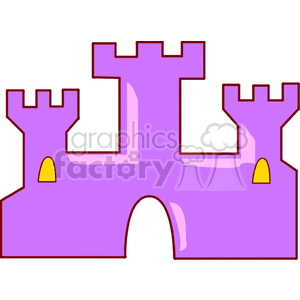 A purple castle with three towers and a central archway.