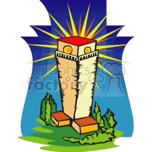 The image is a colorful clipart of a lighthouse. The lighthouse is depicted with beams of light emanating from the top, indicating that it is shining. There is blue in the background, which could represent the sky or water, and there appears to be greenery at the base, suggesting the lighthouse is on land. The lighthouse has a red top with windows, and the main structure is beige with a narrow shape. There are no actual buildings or bodies of water within the image, just the single lighthouse represented in a stylized graphic form.