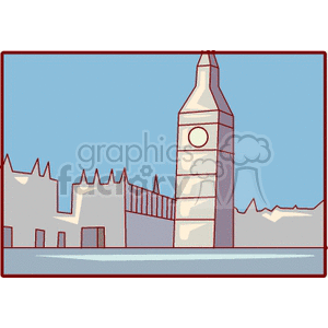 A simplified clipart illustration of the iconic Big Ben clock tower and part of the Palace of Westminster in London, United Kingdom, set against a light blue sky.