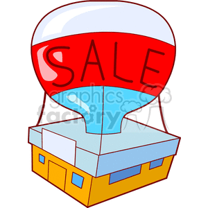 Clipart image of a hot air balloon with the word 'SALE' attached to a store building.