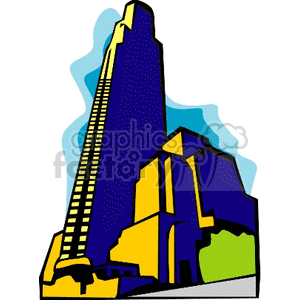 This clipart image depicts a stylized, colorful skyscraper with a tall structure and adjacent shorter buildings, illustrated in bold colors of blue and yellow.