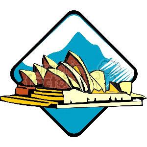 A clipart image featuring a stylized representation of the Sydney Opera House in front of a mountain silhouette, enclosed within a diamond-shaped frame.