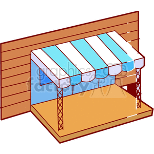 Illustration of a wooden stage with a small blue and white striped awning, supported by two poles.