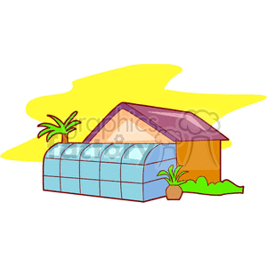 Clipart image of a house with a sunroom attached, a palm tree, and a potted plant.