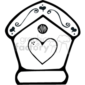   The clipart image features a stylized outline of a birdhouse. The birdhouse has a heart-shaped hole in the center to allow birds to enter, a small round opening above that possibly representing ventilation, and decorative elements on its roof such as swirls and smaller heart shapes. It