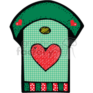   This clipart image features a stylized country-style birdhouse. The birdhouse has a green roof with a decorative edge that appears to have red heart accents. The front wall of the birdhouse is adorned with a large red heart in the center, set against a green and white checkered background pattern. There