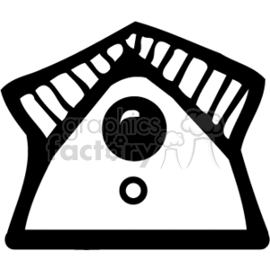   The image is a simple black and white clipart illustration of a birdhouse. It features a peaked roof with decorative trim and an entrance hole for birds, signifying that it