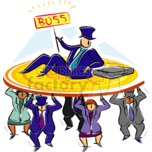 This is a stylized, cartoonish clipart image that depicts a concept related to hierarchy and leadership in a business context. At the top, there's a character representing a boss sitting atop a platform with a sign that reads BOSS. The boss is wearing a suit and a top hat and seems to be in a relaxed posture, perhaps signifying authority and comfort.
Beneath the platform, there are several subordinate characters that seem to represent employees or team members, carrying the platform on their shoulders or heads. These characters are dressed in business attire and have expressions that may indicate stress or strain, which suggests they are supporting the weight of the boss above them.
The image portrays a metaphorical or humorous take on corporate or business structures, emphasizing the disparity between the person in charge and the employees. It could be seen as a commentary on power dynamics within corporate environments.