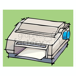 A clipart image of a vintage dot matrix printer with a sheet of paper coming out, set against a green background.