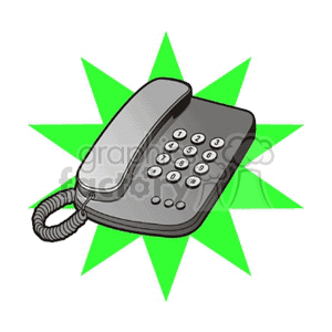 A clipart image of a gray landline telephone with a coiled cord and numeric keypad on a green starburst background.