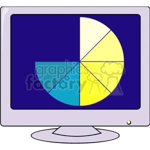 Clipart of a computer monitor displaying a colorful pie chart with six segments in blue and yellow shades.