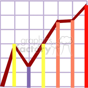 A colorful line and bar graph clipart showing upward trend with multicolored bars against a grid background.