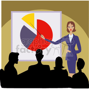 Illustration of a business presentation with a woman pointing to a pie chart on a screen in front of an audience.