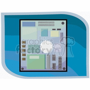 Clipart illustration of a computer motherboard on a blue background.