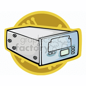 Clipart illustration of a ZIP/Jaz drive for a computer, on a yellow background circle featuring circuit patterns.