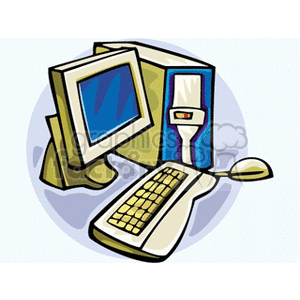 A clipart image of a desktop computer setup, including a monitor, tower, keyboard, and mouse.