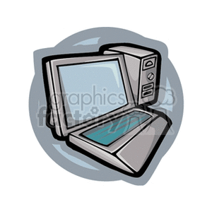 Illustration of a vintage desktop computer with a monitor and tower.