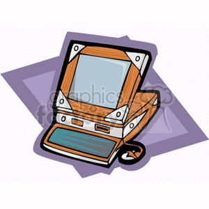 A stylized clipart image of a vintage computer with a wooden frame and retro design elements.