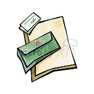 Clipart image of stationery including an envelope, letter, and business card.