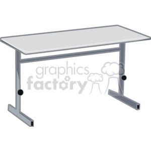 A simple illustration of a modern office desk with a flat surface and metallic legs.