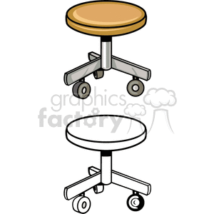 Clipart image of a rolling stool with a round seat and caster wheels, including a colored and outline version.