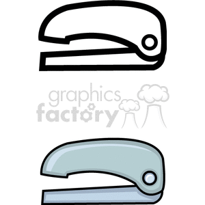 Clipart image of two staplers, one black and white outline, and one colored in light gray.