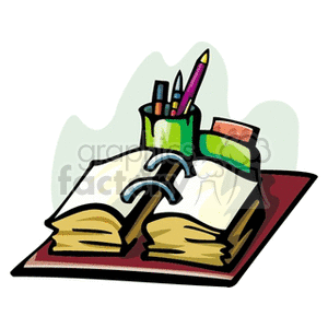 Clipart image of an open notebook with pens, pencils, and erasers in a container.