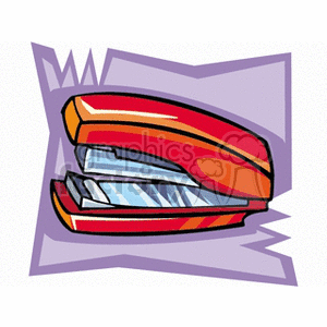 A colorful clipart illustration of a red stapler on a geometric purple background.