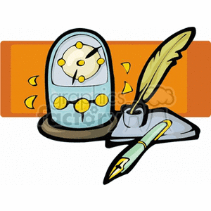 A clipart image featuring an antique clock next to an inkwell with a quill and a fountain pen, set against an orange rectangular background.