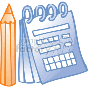 The image is a clipart that features a pencil to the left side and a notepad or planner to the right. The notepad has a spiral binding at the top and displays some lines that may represent text or entries, as well as a grid that could be a small monthly calendar or schedule section. The overall impression is that of typical office supplies related to scheduling or note-taking, often used in a business context.