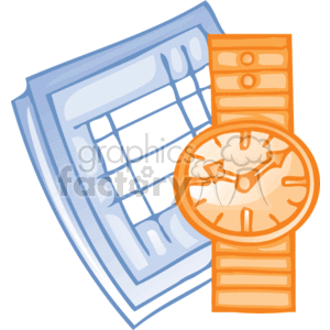 The clipart image shows a collection of paperwork. There is a wristwatch, symbolizing time or time management, adjacent to a piece of paper or document with a table or schedule on it. The items are likely to represent timekeeping and scheduling, which are important aspects of office work and organization.