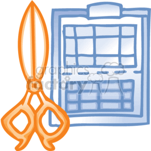 The clipart image depicts a pair of scissors and a calendar. Both items are common office supplies typically used in a business setting. The scissors are used for cutting materials such as paper, and the calendar is used for scheduling and keeping track of appointments and deadlines.