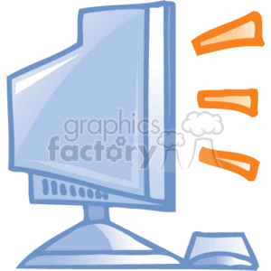 The clipart image shows a stylized representation of a CRT computer monitor. There is also a graphic element that resembles a keyboard next to the monitor. The orange shapes to the right of the monitor could be abstract representations of motion, sound or visual, adding an element of activity to the image.