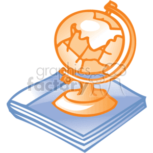 The image is a clipart illustration that includes a simplified depiction of a tabletop globe sitting on top of a closed book. The globe has stylized representations of continents, suggesting the planet Earth. The globe and book appear to be typical office or educational supplies, often found in a business or academic setting. The colors are bright and the image has a cartoon-like, simplified aesthetic common to clipart.