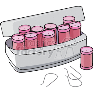 Clipart image of a white box containing several pink hair rollers, with some hair pins placed outside the box.