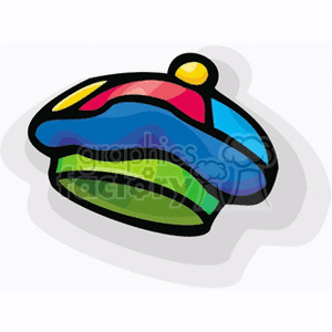 A vibrant, colorful beret clipart image featuring various shades of blue, green, red, and yellow.