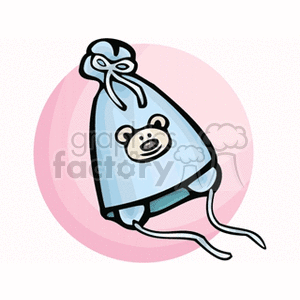 Clipart image of a blue baby hat with a teddy bear design in front of a pink circular background.